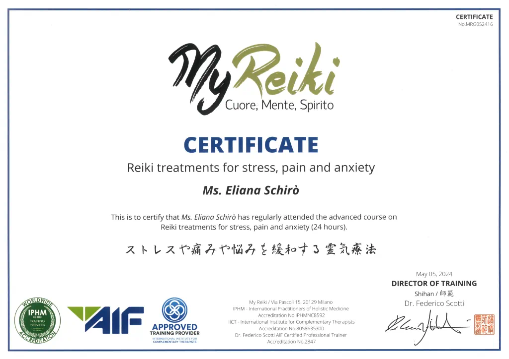 Certificato corso Reiki per Stress, ansia e dolore